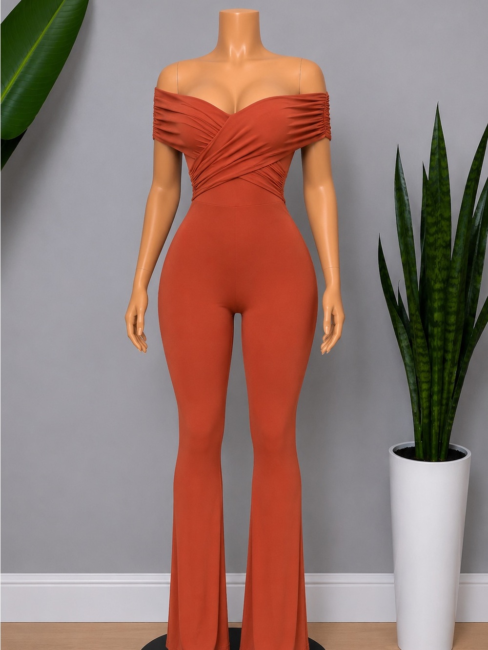 Off-Shoulder Rust Jumpsuit - Women